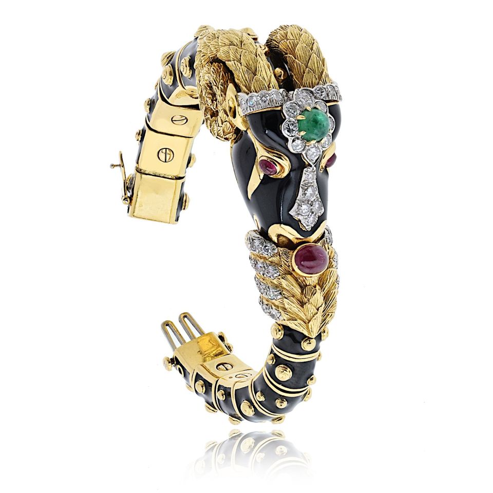 David Webb 18K Yellow Gold Vintage Ram With Green Emerald And Diamonds Bangle Bracelet — view 2 — Laura Milman New York