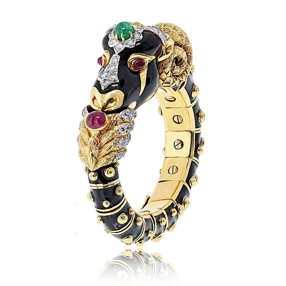 David Webb 18K Yellow Gold Vintage Ram With Green Emerald And Diamonds Bangle Bracelet — view 3 — Laura Milman New York
