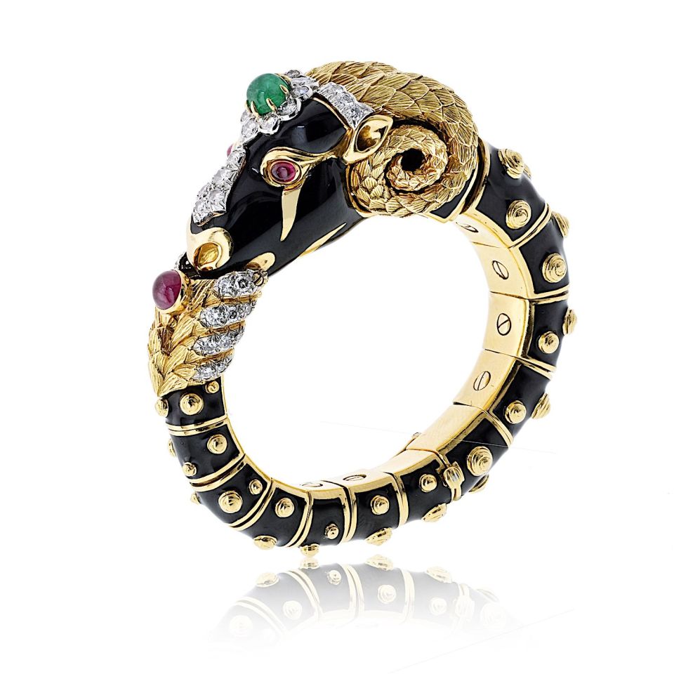 David Webb 18K Yellow Gold Vintage Ram With Green Emerald And Diamonds Bangle Bracelet — Laura Milman New York