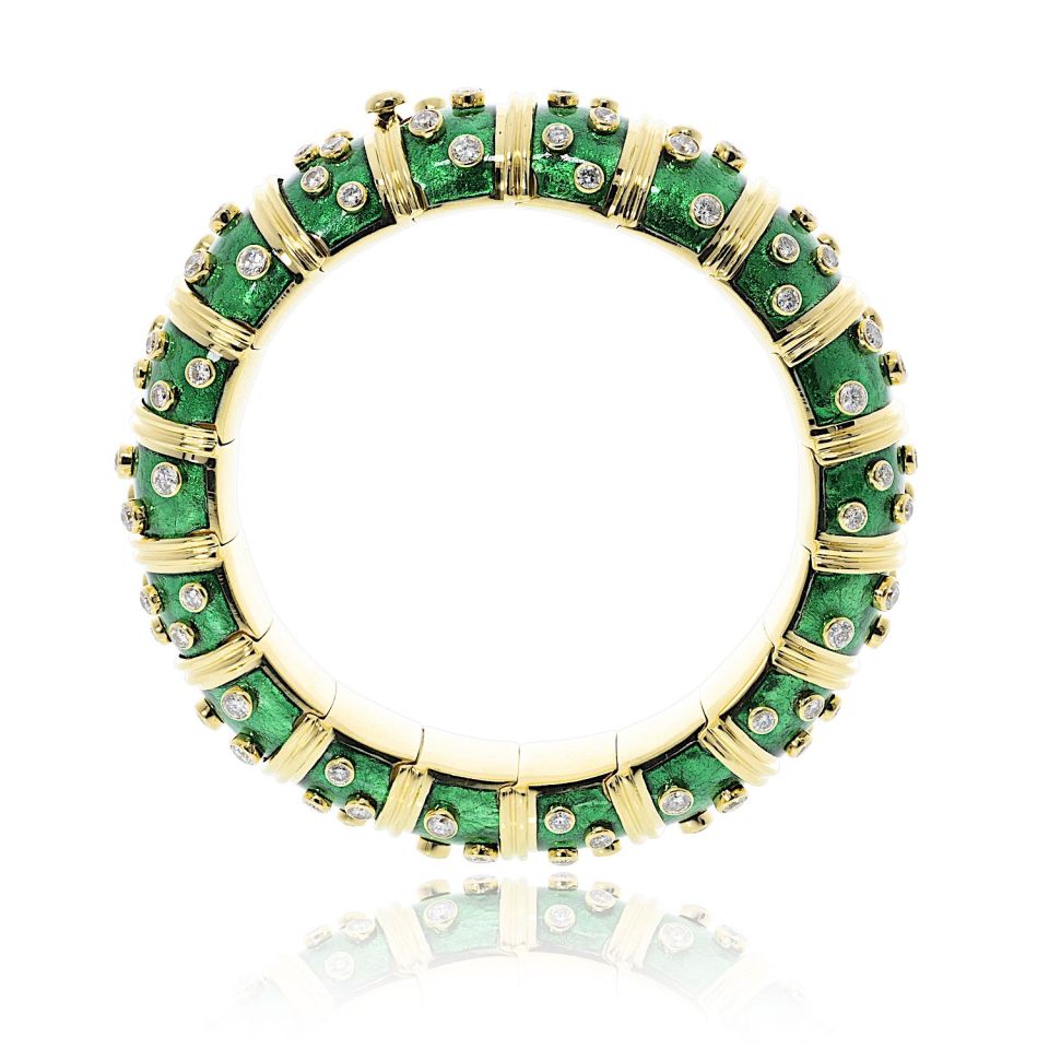 Tiffany & Co. Schlumberger 18K Yellow Gold Green Enamel Diamond Bracelet — view 4 — Laura Milman New York