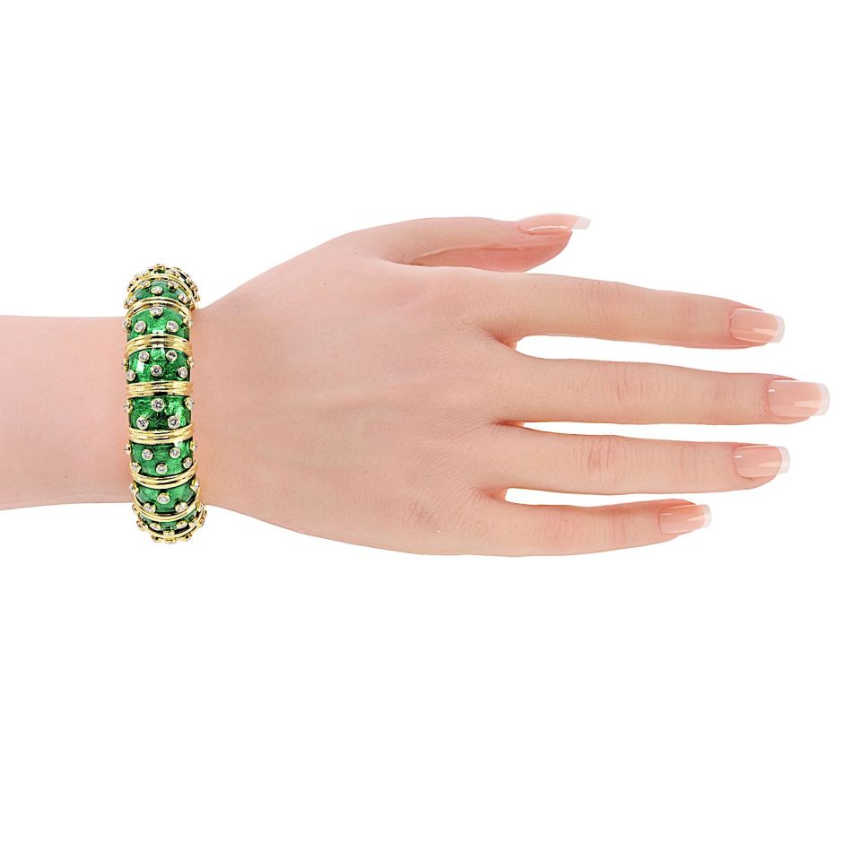 Tiffany & Co. Schlumberger 18K Yellow Gold Green Enamel Diamond Bracelet — view 5 — Laura Milman New York