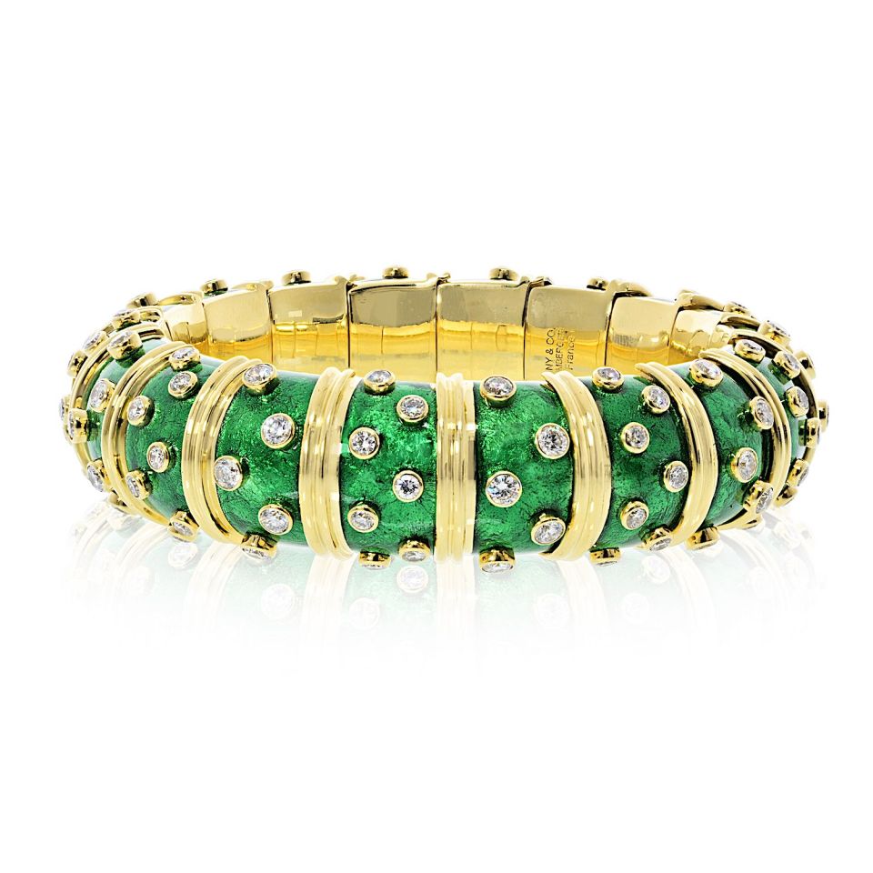 Tiffany & Co. Schlumberger 18K Yellow Gold Green Enamel Diamond Bracelet — Laura Milman New York