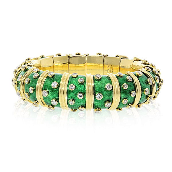 Tiffany & Co. Schlumberger 18K Yellow Gold Green Enamel Diamond Bracelet