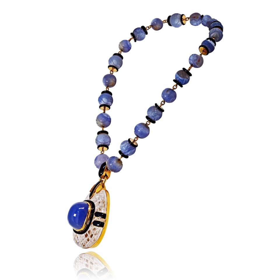 David Webb Vintage 18K Yellow Gold Purple Chalcedony Carved Beads Rock Crystal Necklace — view 2 — Laura Milman New York