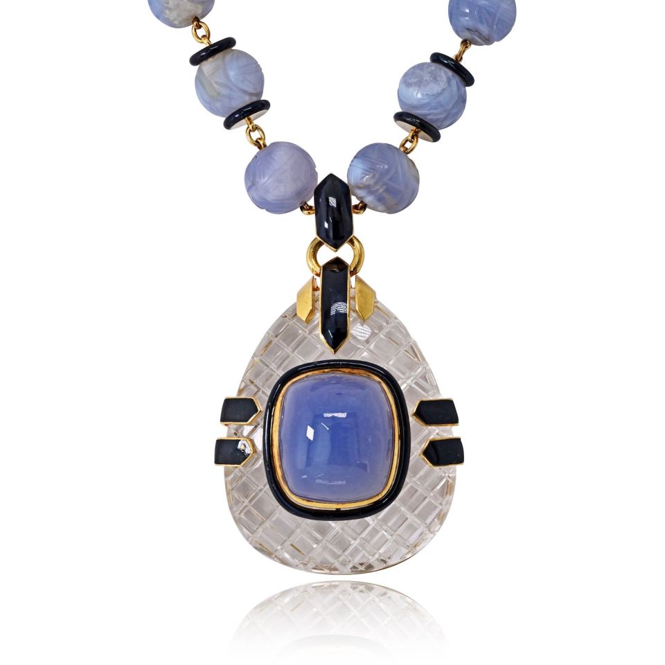 David Webb Vintage 18K Yellow Gold Purple Chalcedony Carved Beads Rock Crystal Necklace — view 3 — Laura Milman New York