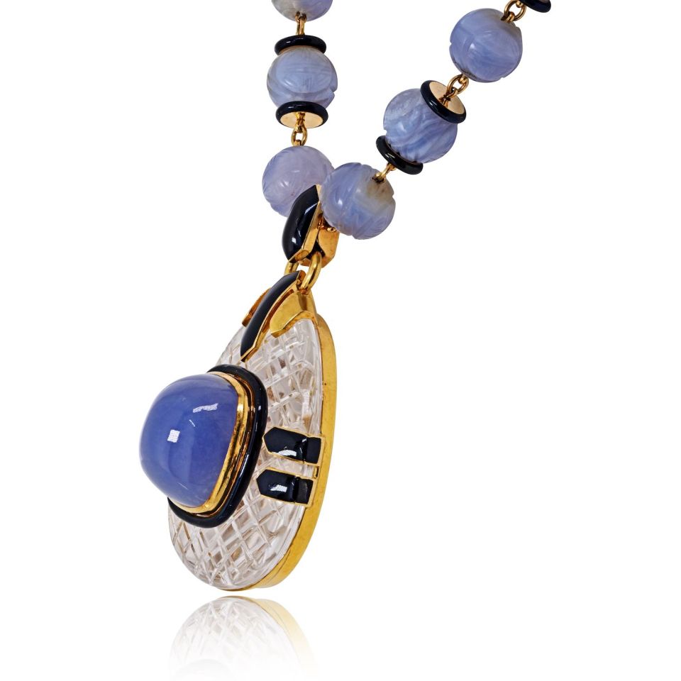 David Webb Vintage 18K Yellow Gold Purple Chalcedony Carved Beads Rock Crystal Necklace — view 4 — Laura Milman New York