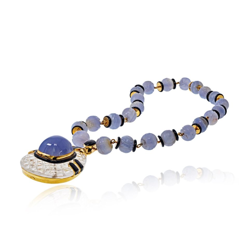 David Webb Vintage 18K Yellow Gold Purple Chalcedony Carved Beads Rock Crystal Necklace — view 5 — Laura Milman New York