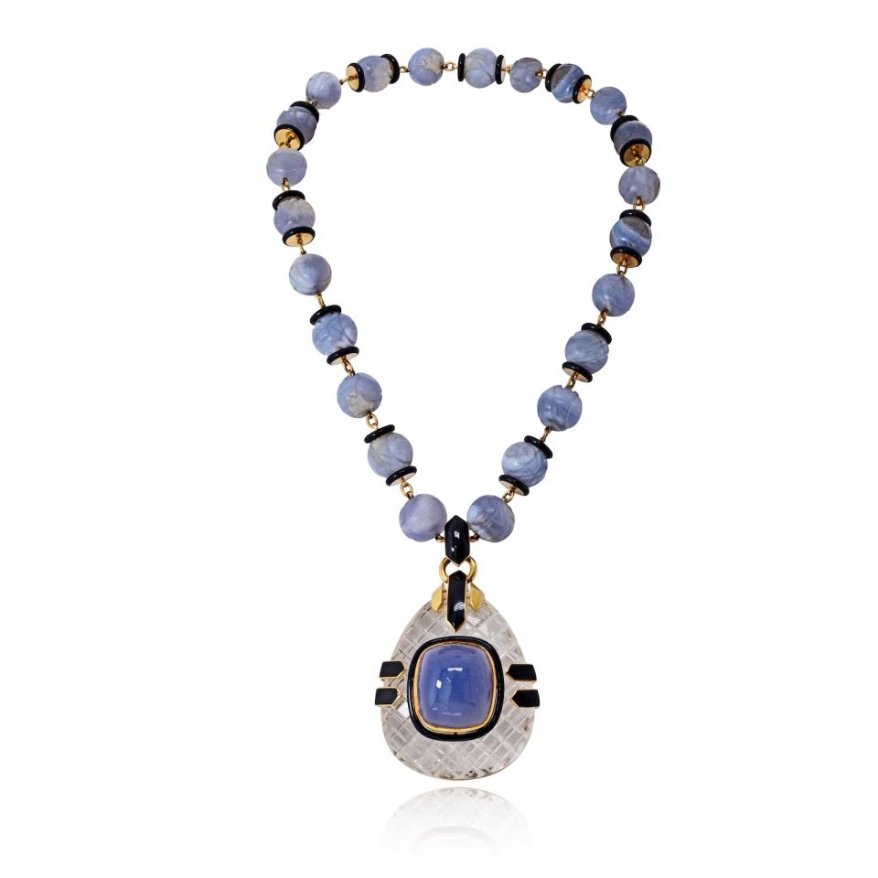 David Webb Vintage 18K Yellow Gold Purple Chalcedony Carved Beads Rock Crystal Necklace — Laura Milman New York