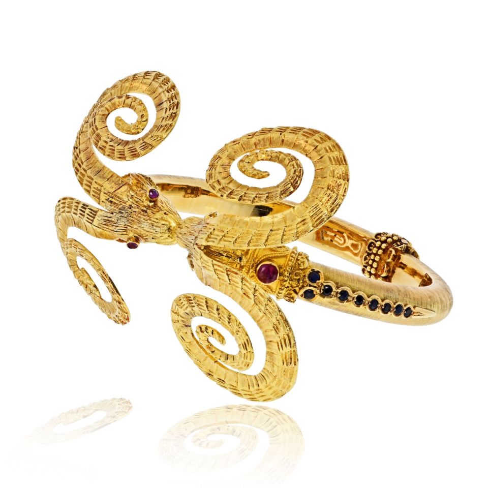 Ilias Lalaounis Vintage 18K Yellow Gold Double Ram Ruby Bracelet — view 2 — Laura Milman New York