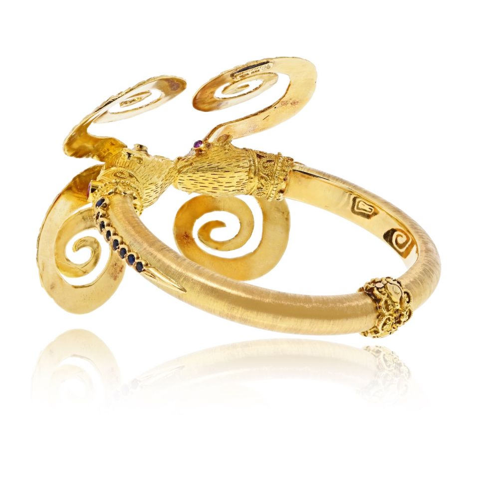 Ilias Lalaounis Vintage 18K Yellow Gold Double Ram Ruby Bracelet — view 3 — Laura Milman New York