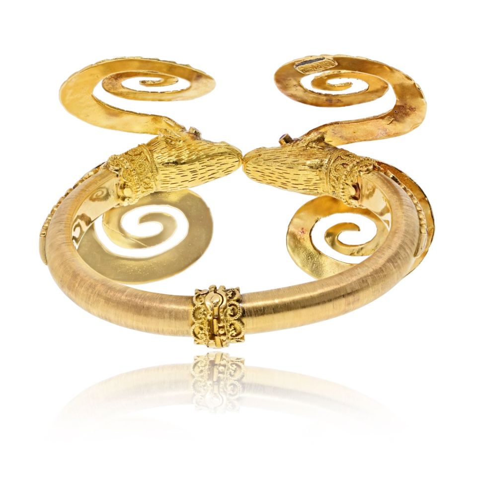 Ilias Lalaounis Vintage 18K Yellow Gold Double Ram Ruby Bracelet — view 4 — Laura Milman New York