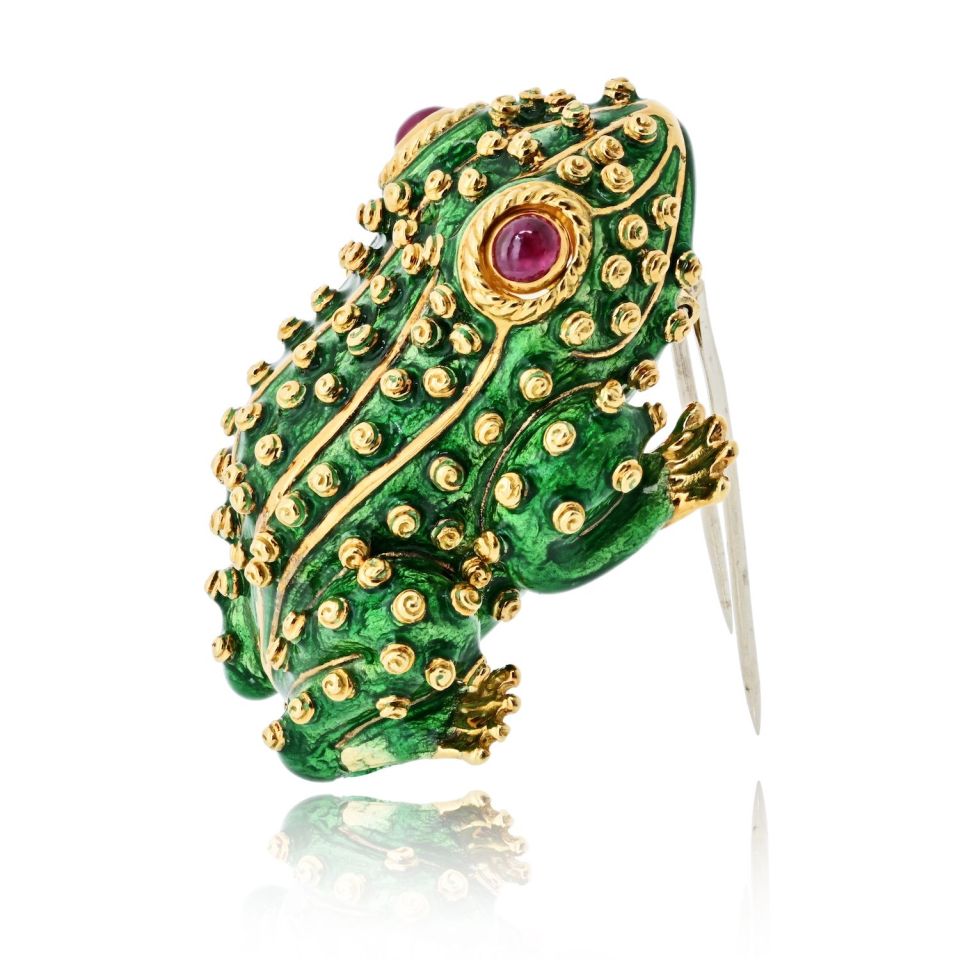 David Webb 18K Yellow Gold Frog With Ruby Eyes Brooch — view 3 — Laura Milman New York