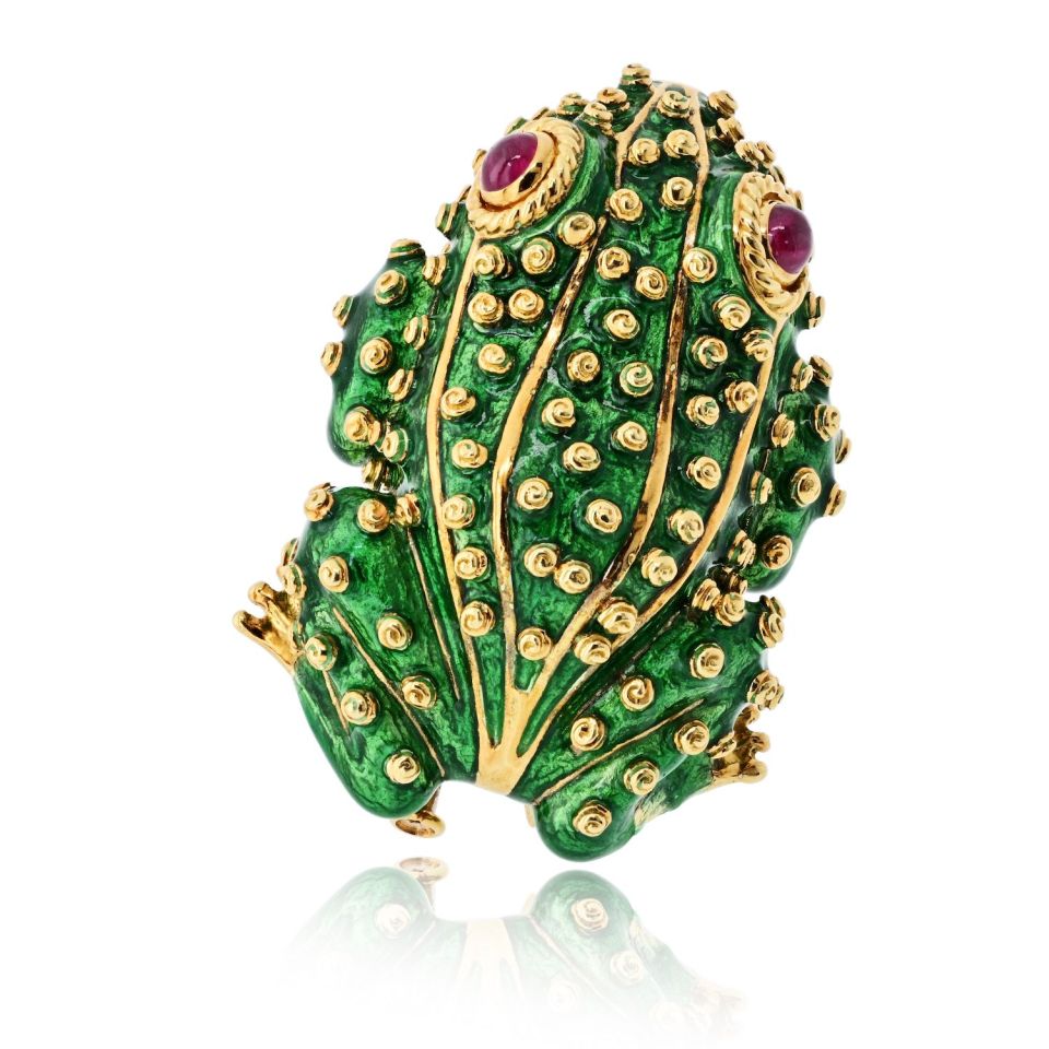 David Webb 18K Yellow Gold Frog With Ruby Eyes Brooch — view 2 — Laura Milman New York