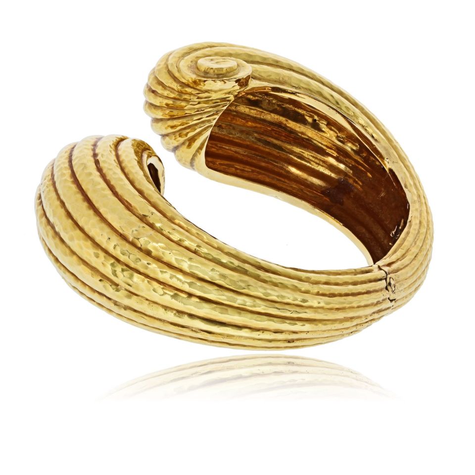 David Webb 18K Yellow Gold Scroll Crossover Fluted Bracelet — view 3 — Laura Milman New York