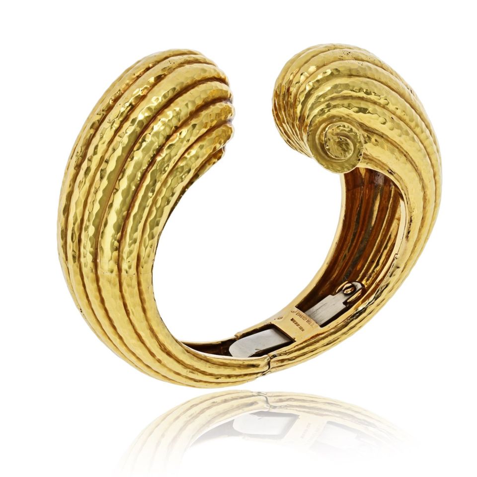 David Webb 18K Yellow Gold Scroll Crossover Fluted Bracelet — view 7 — Laura Milman New York