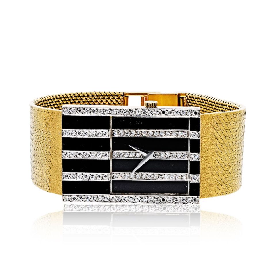 Pre-Owned Chopard 18K Yellow Gold Diamond Grid Ref 2044 Manual Wind Onyx Ladies Watch - Chopard Watch — Laura Milman New York