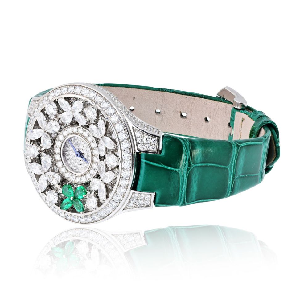 Pre-Owned Graff 18K White Gold Butterfly Green Emerald Limited Edition 32mm Dial Watch — view 2 — Laura Milman New York