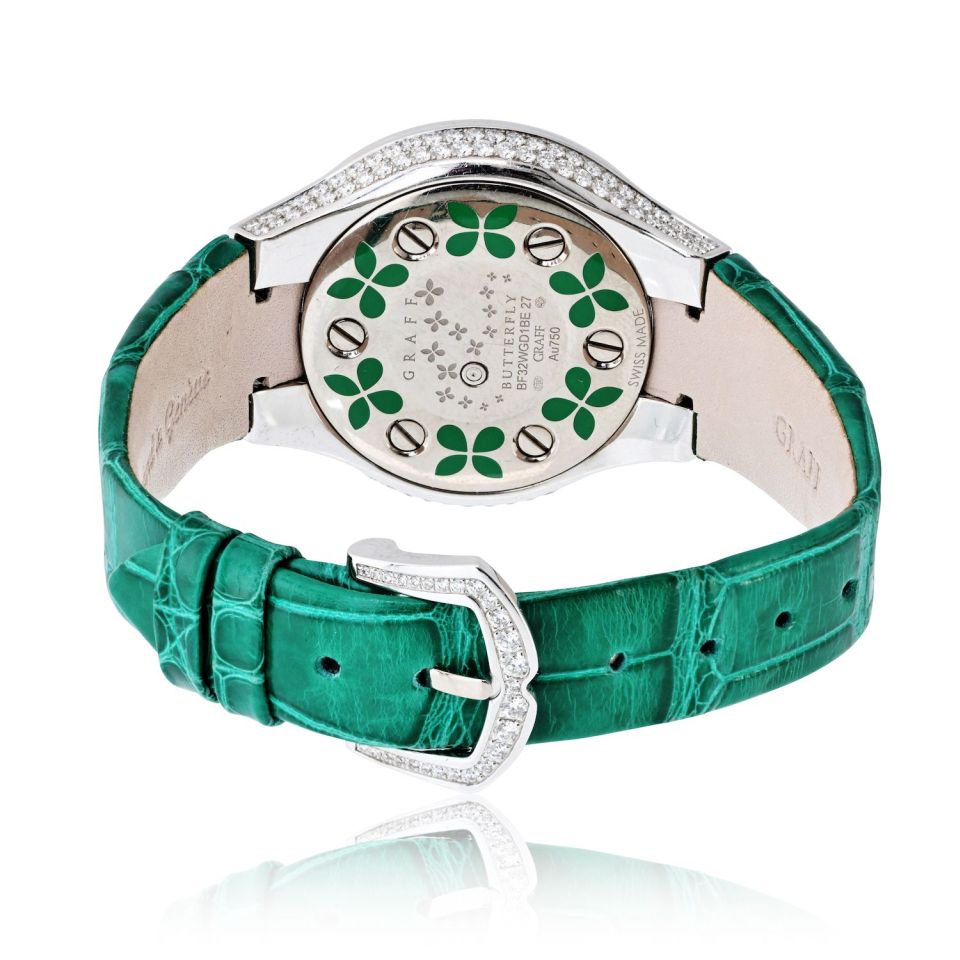 Pre-Owned Graff 18K White Gold Butterfly Green Emerald Limited Edition 32mm Dial Watch — view 4 — Laura Milman New York