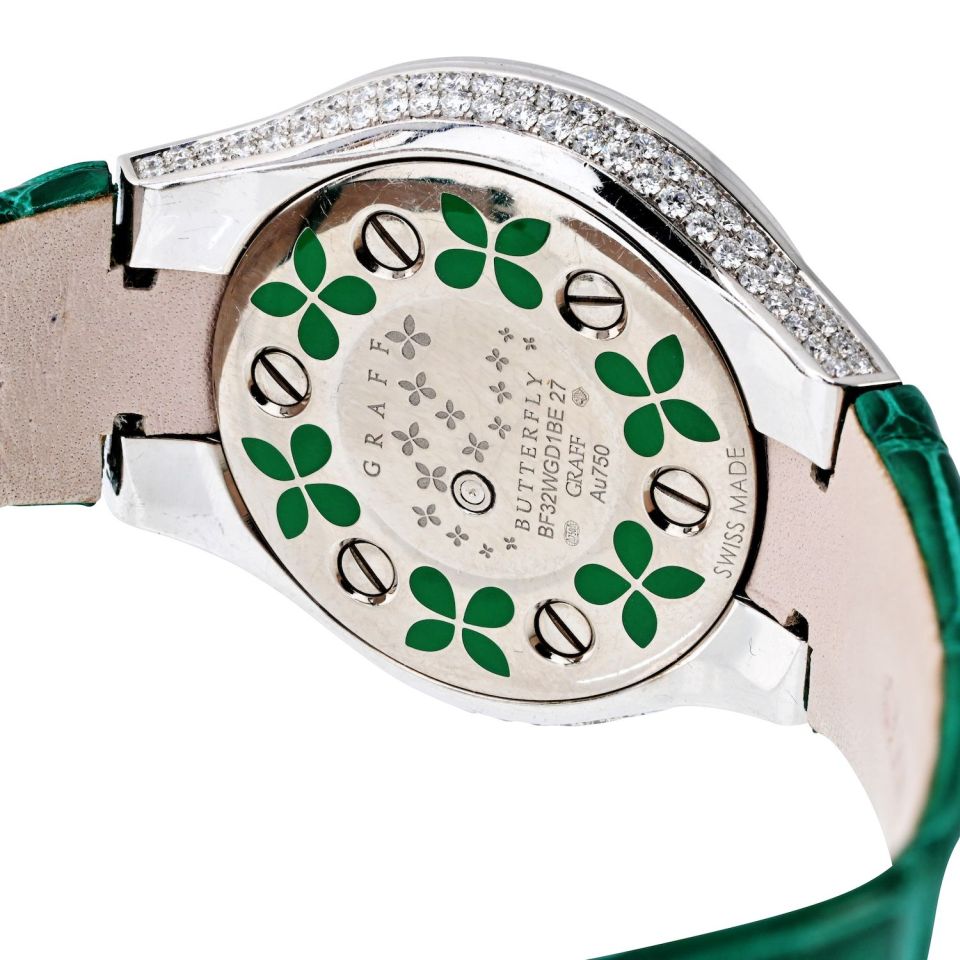 Pre-Owned Graff 18K White Gold Butterfly Green Emerald Limited Edition 32mm Dial Watch — view 6 — Laura Milman New York