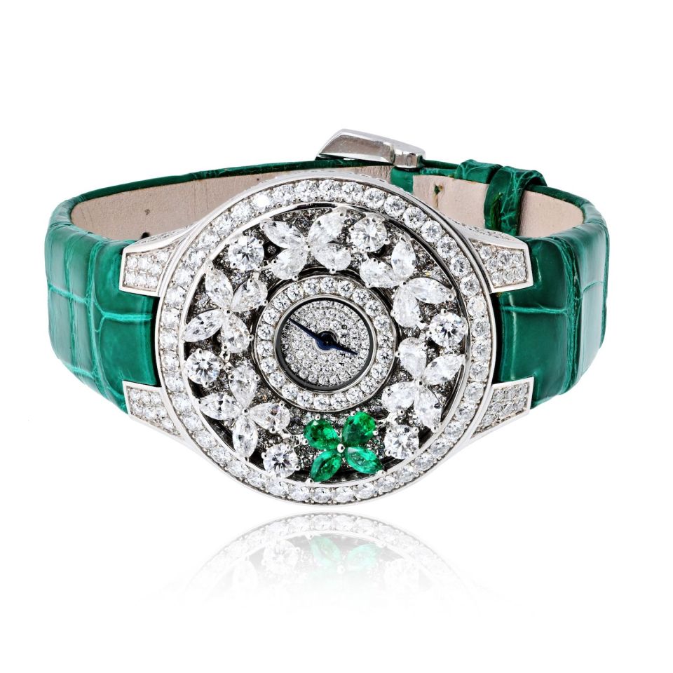 Pre-Owned Graff 18K White Gold Butterfly Green Emerald Limited Edition 32mm Dial Watch — Laura Milman New York