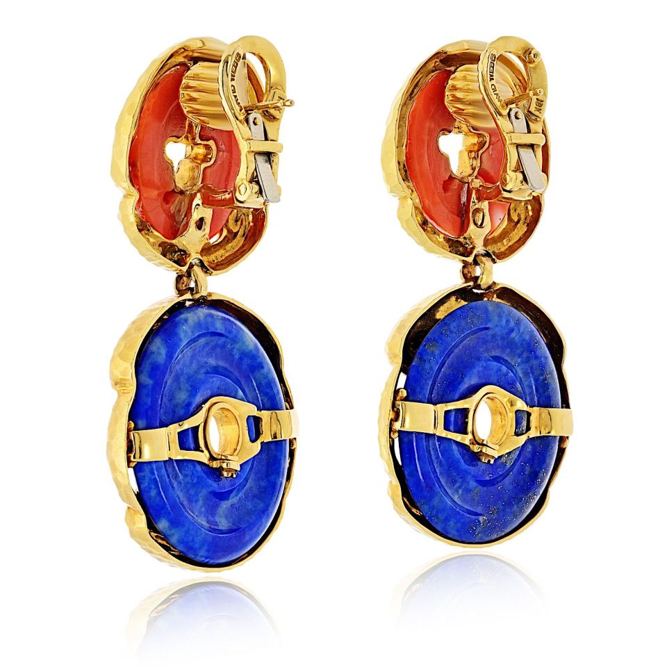 David Webb 18K Yellow Gold Lapis And Carved Coral Hammered Finish Earrings — view 3 — Laura Milman New York