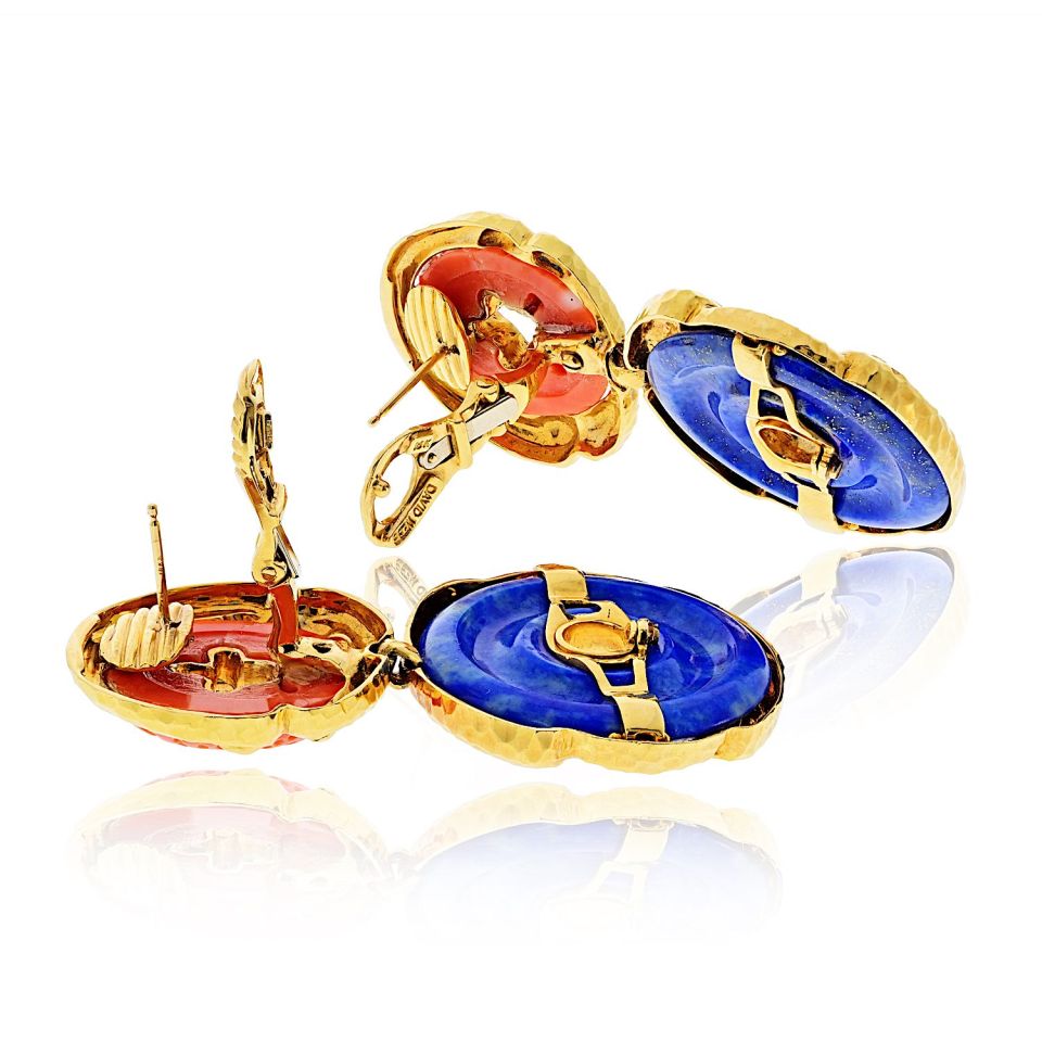 David Webb 18K Yellow Gold Lapis And Carved Coral Hammered Finish Earrings — view 5 — Laura Milman New York