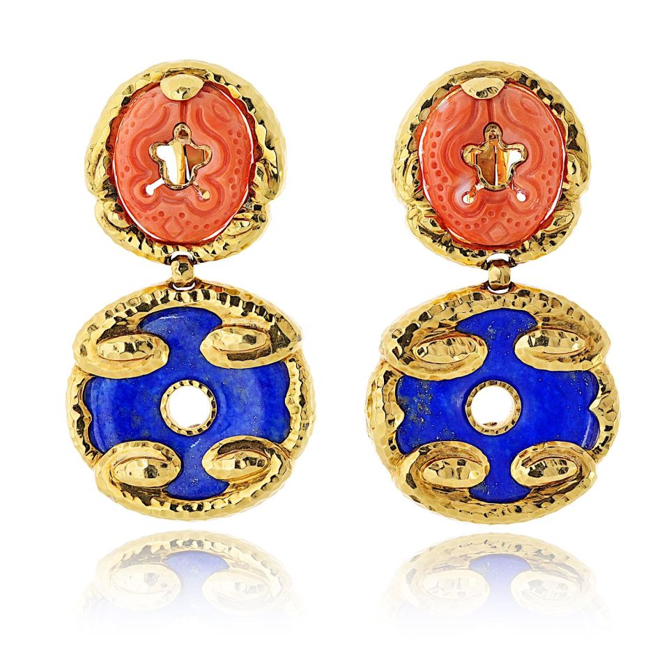 David Webb 18K Yellow Gold Lapis And Carved Coral Hammered Finish Earrings — Laura Milman New York