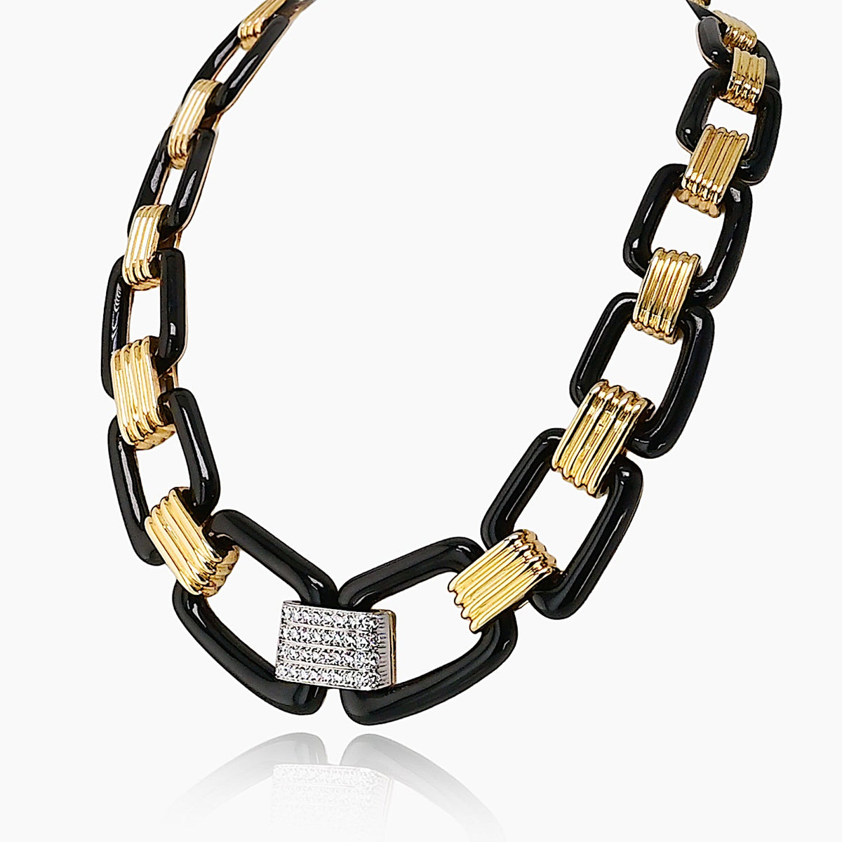 David Webb 18K Yellow Gold Black Enamel Large Link Gold Stations Necklace — view 3 — Laura Milman New York