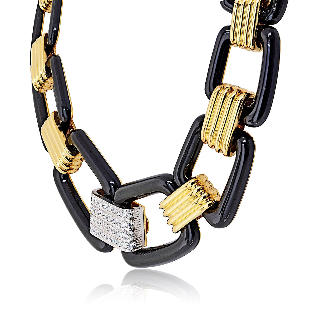 David Webb 18K Yellow Gold Black Enamel Large Link Gold Stations Necklace — view 5 — Laura Milman New York