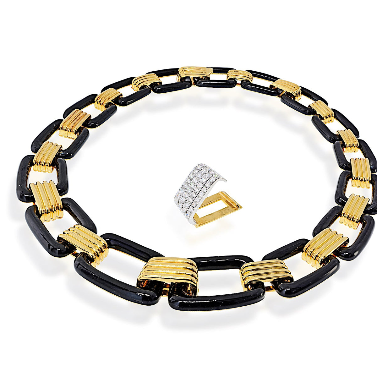 David Webb 18K Yellow Gold Black Enamel Large Link Gold Stations Necklace — view 10 — Laura Milman New York