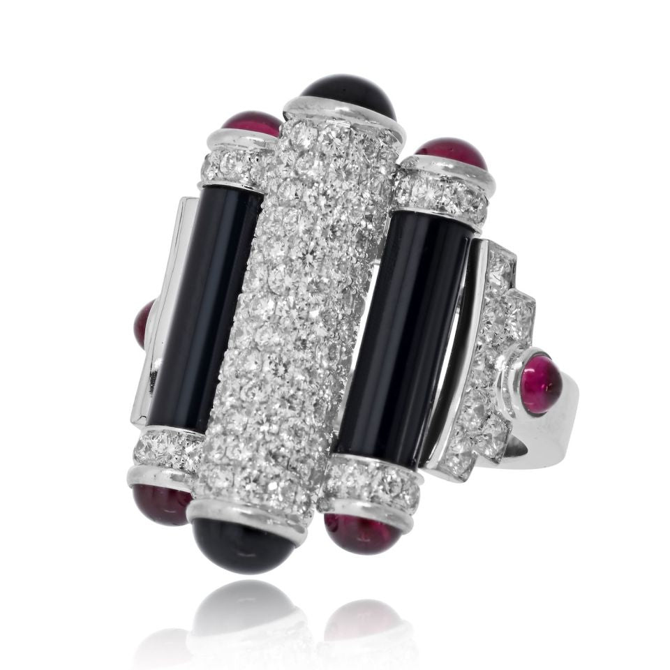 Cartier Rouleaux 18K White Gold Onyx, Ruby And Diamond Ring — view 2 — Laura Milman New York