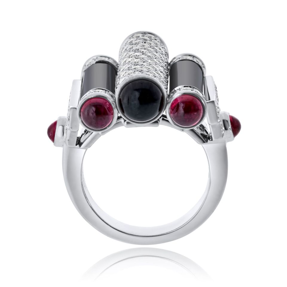 Cartier Rouleaux 18K White Gold Onyx, Ruby And Diamond Ring — view 6 — Laura Milman New York