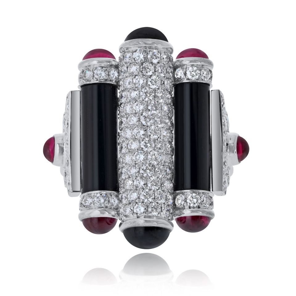 Cartier Rouleaux 18K White Gold Onyx, Ruby And Diamond Ring — Laura Milman New York