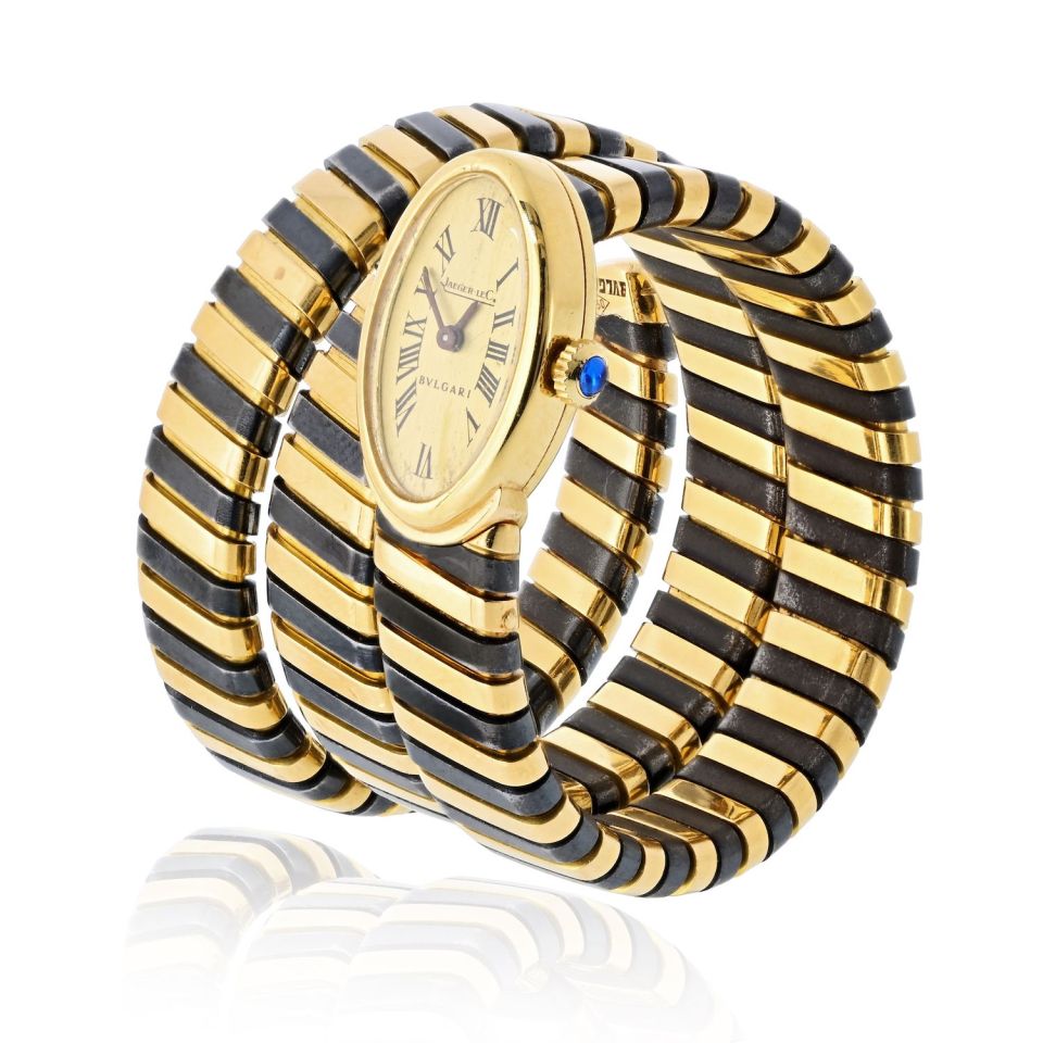 Pre-Owned Bvlgari Serpenti 18K Yellow Gold Blackened Steel Circa 1965 Jaeger Lecoultre Manual Watch — view 2 — Laura Milman New York