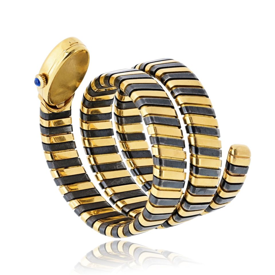 Pre-Owned Bvlgari Serpenti 18K Yellow Gold Blackened Steel Circa 1965 Jaeger Lecoultre Manual Watch — view 3 — Laura Milman New York