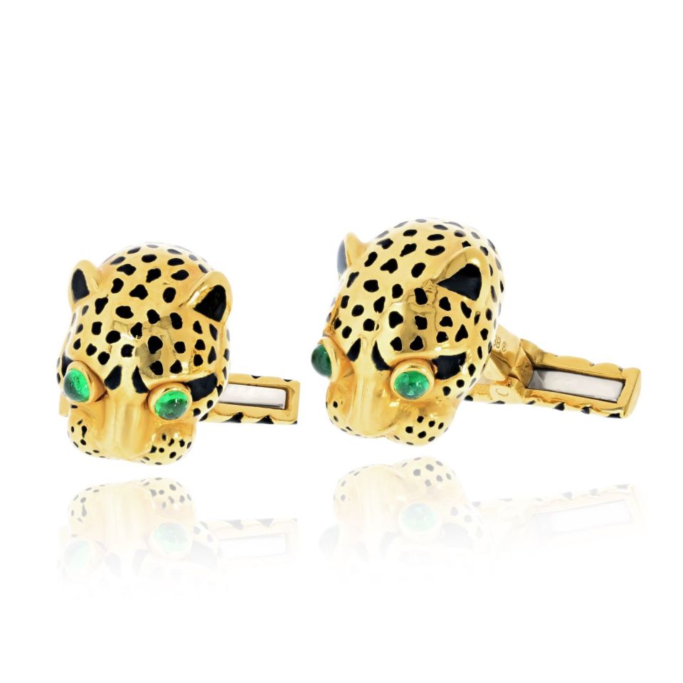 David Webb 18K Yellow Gold Leopard Emerald Eyes With Box Cuff Links — view 2 — Laura Milman New York