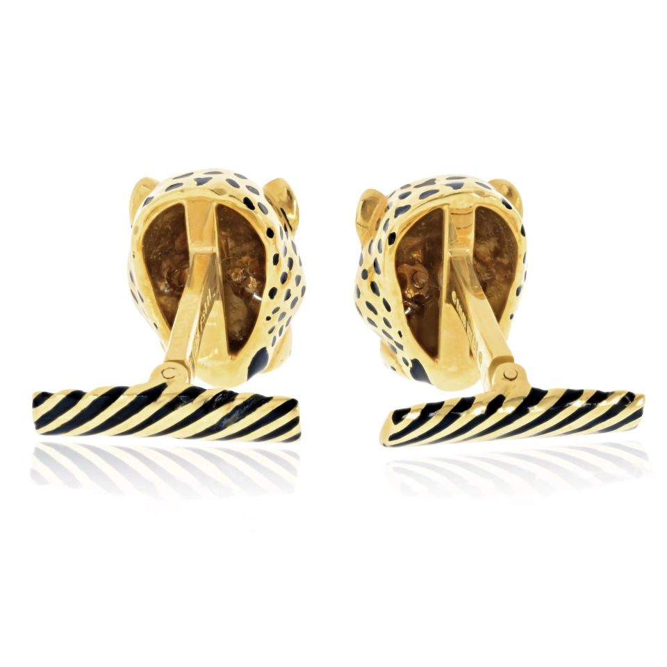 David Webb 18K Yellow Gold Leopard Emerald Eyes With Box Cuff Links — view 4 — Laura Milman New York