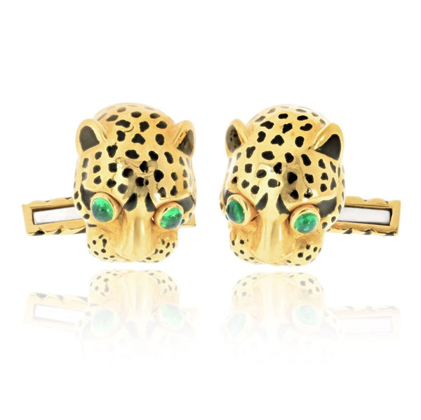 David Webb 18K Yellow Gold Leopard Emerald Eyes With Box Cuff Links