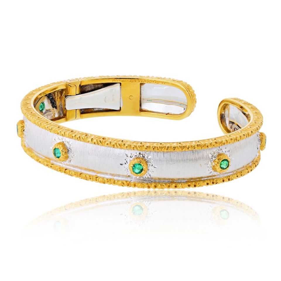 Buccellati 18K Two Tone Macri Capri 7 Round Green Emerald Bangle Bracelet — view 2 — Laura Milman New York