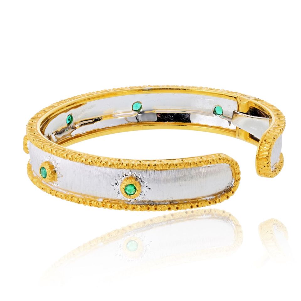 Buccellati 18K Two Tone Macri Capri 7 Round Green Emerald Bangle Bracelet — view 3 — Laura Milman New York
