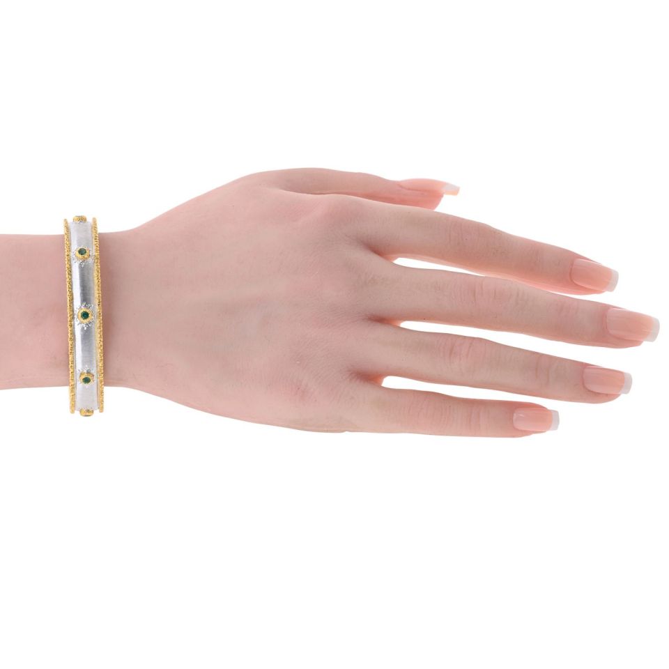 Buccellati 18K Two Tone Macri Capri 7 Round Green Emerald Bangle Bracelet — view 5 — Laura Milman New York