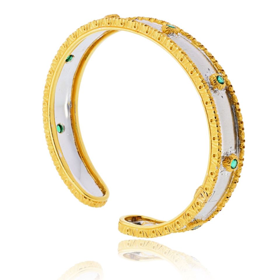 Buccellati 18K Two Tone Macri Capri 7 Round Green Emerald Bangle Bracelet — view 6 — Laura Milman New York