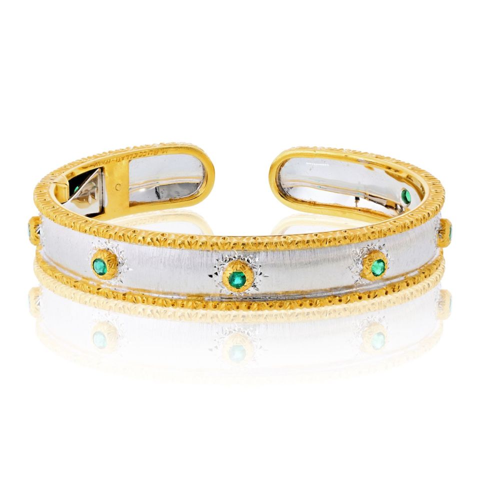 Buccellati 18K Two Tone Macri Capri 7 Round Green Emerald Bangle Bracelet — Laura Milman New York