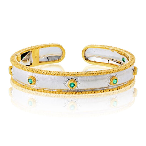 Buccellati 18K Two Tone Macri Capri 7 Round Green Emerald Bangle Bracelet