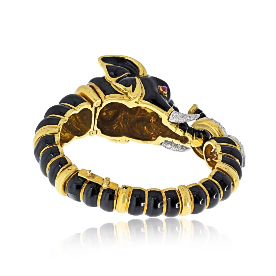 David Webb 18K Yellow Gold Black Enamel Elephant Bracelet — view 4 — Laura Milman New York