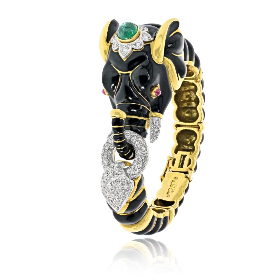David Webb 18K Yellow Gold Black Enamel Elephant Bracelet — Laura Milman New York