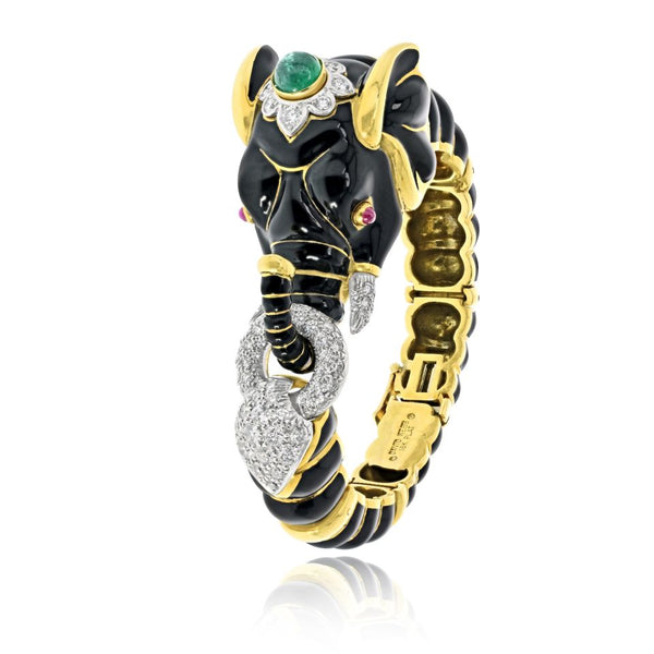 David Webb 18K Yellow Gold Black Enamel Elephant Bracelet