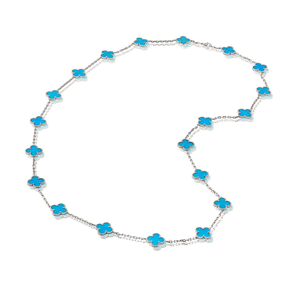 Van Cleef & Arpels Alhambra 18K White Gold 20 Motif Turquoise Necklace — view 3 — Laura Milman New York