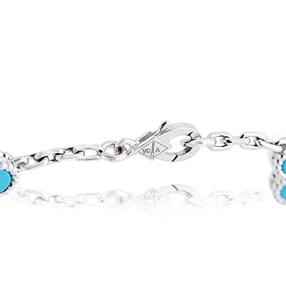Van Cleef & Arpels Alhambra 18K White Gold 20 Motif Turquoise Necklace — view 6 — Laura Milman New York
