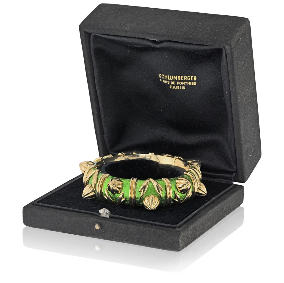 Tiffany & Co. Schlumberger 18K Yellow Gold Green Enamel Cone Losange Acorn Bangle Bracelet — view 3 — Laura Milman New York
